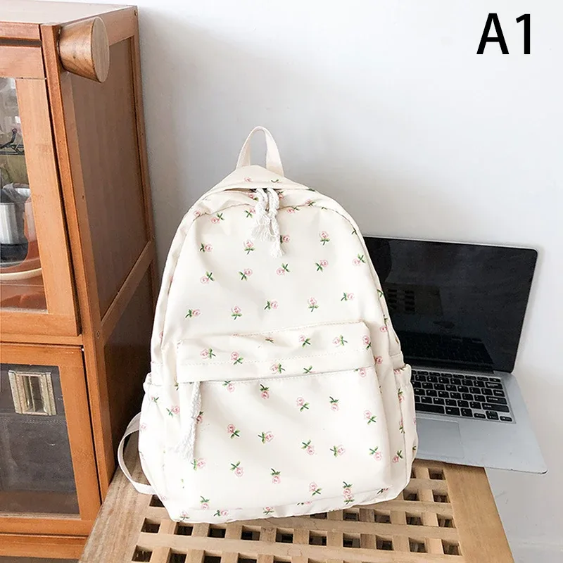 sac à dos scolaire floral blanc pour adolescentes, sac à dos mignon pour femmes, sac à livres en nylon