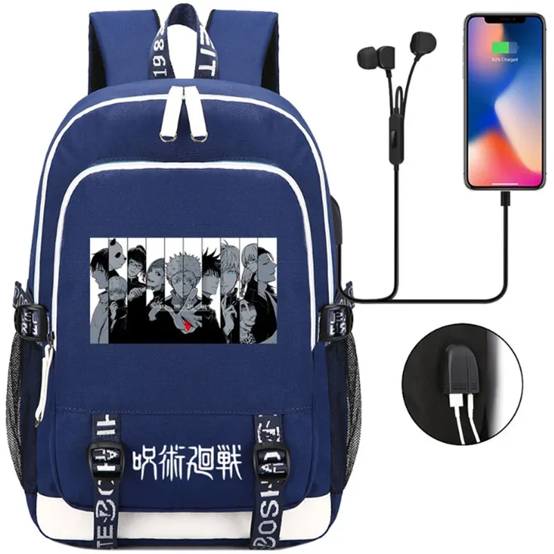 jujutsu kaisen anime sacs à dos adolescents livre cartable unisexe mode usb port de charge ordinateur portable voyage épaule en plein air mochila