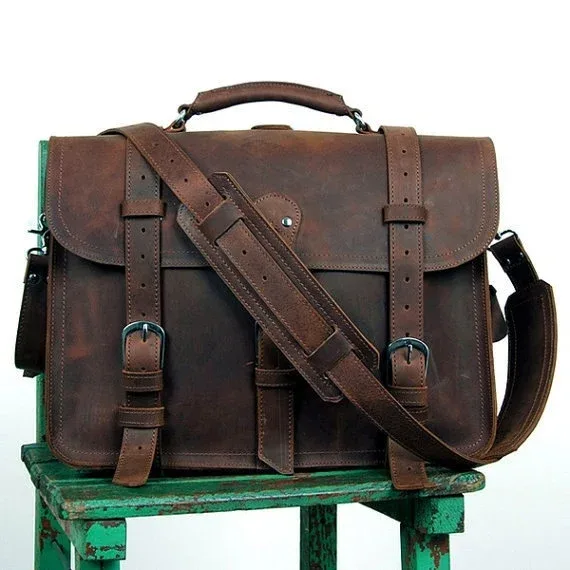 porte-documents en cuir véritable crazy horse vintage pour homme, sac d'affaires, grand porte-documents en cuir, sac à bandoulière pour ordinateur portable 15,6 pouces, sac de bureau