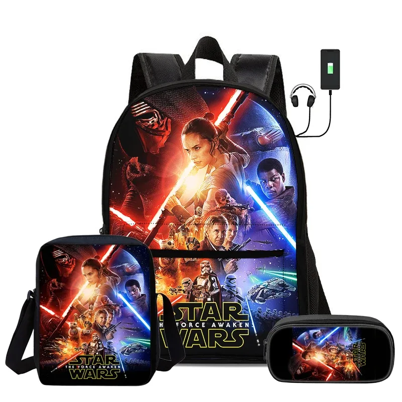 ensemble de 3 pièces star wars movie, sac à dos d'école pour enfant avec interface usb, sac à bandoulière, sac à crayons, sac à dos