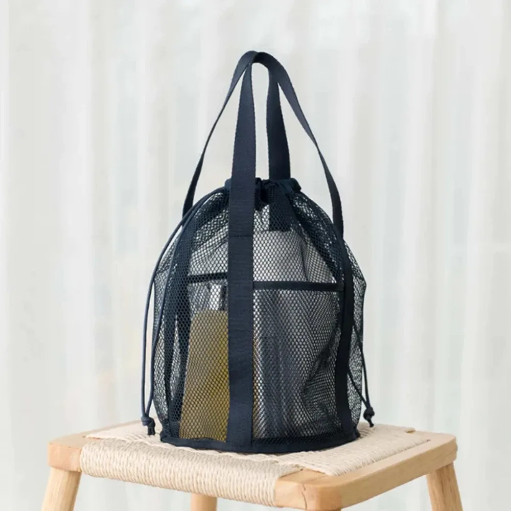 sac de plage en filet avec cordon de serrage, sac fourre-tout de plage pliable, sac à jouets de plage avec 2 poches avant, sacs en filet pour piscine avec cordon de serrage