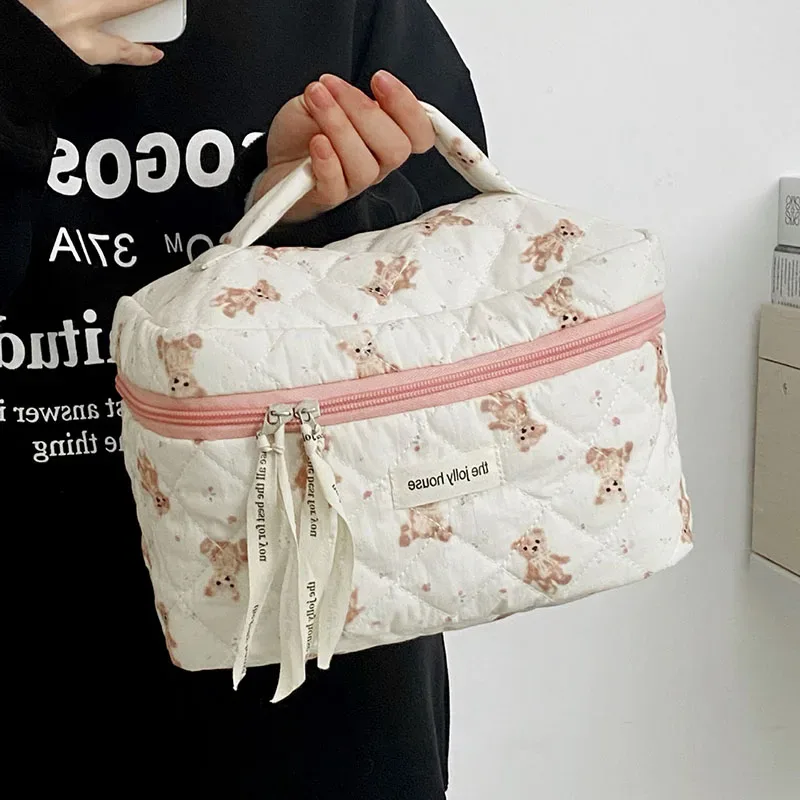 sac de maquillage ours de dessin animé pour femmes, grande capacité, mignon organisateur de voyage, pochette matelassée, sac à main de rangement de toilette pour dames