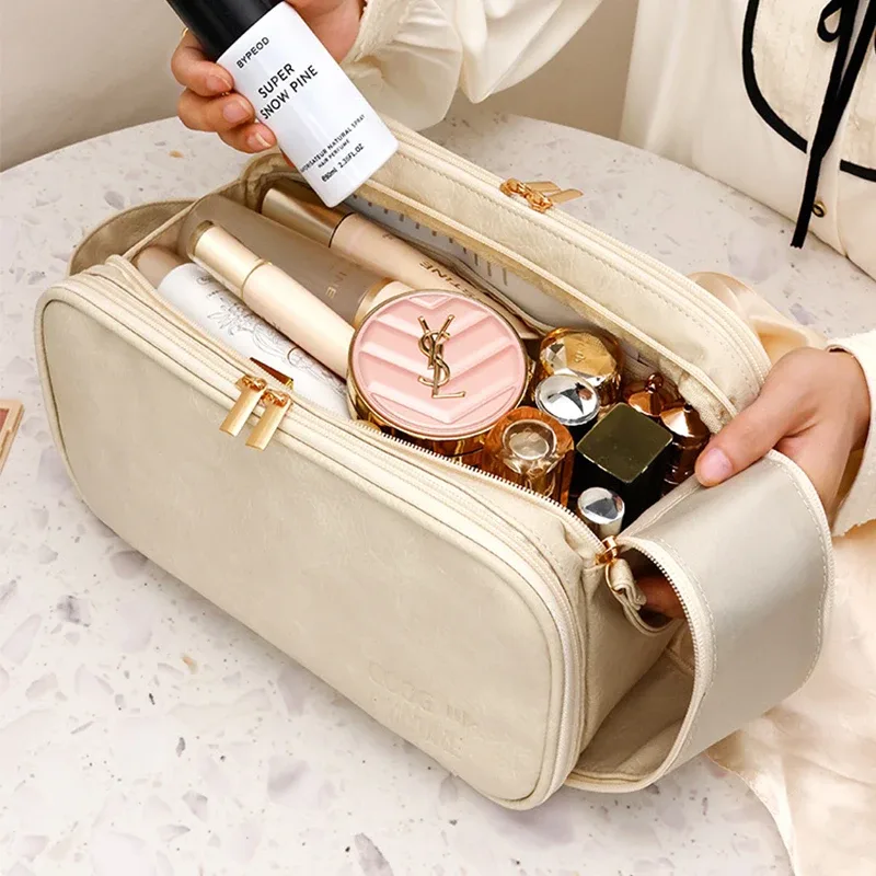 trousse de maquillage en cuir pu, grande capacité, sac de rangement de cosmétiques de voyage, sac à main portable pour femmes, trousse de toilette multifonction étanche