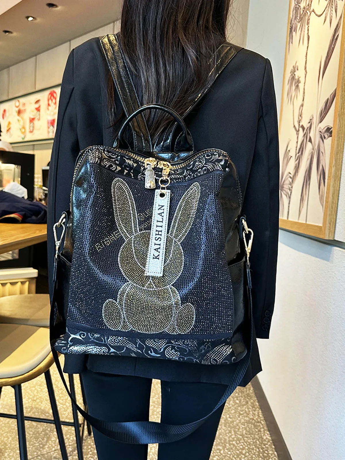 sac à dos tendance et à la mode, grande capacité, polyvalent, pour les déplacements, lapin clouté, diamant