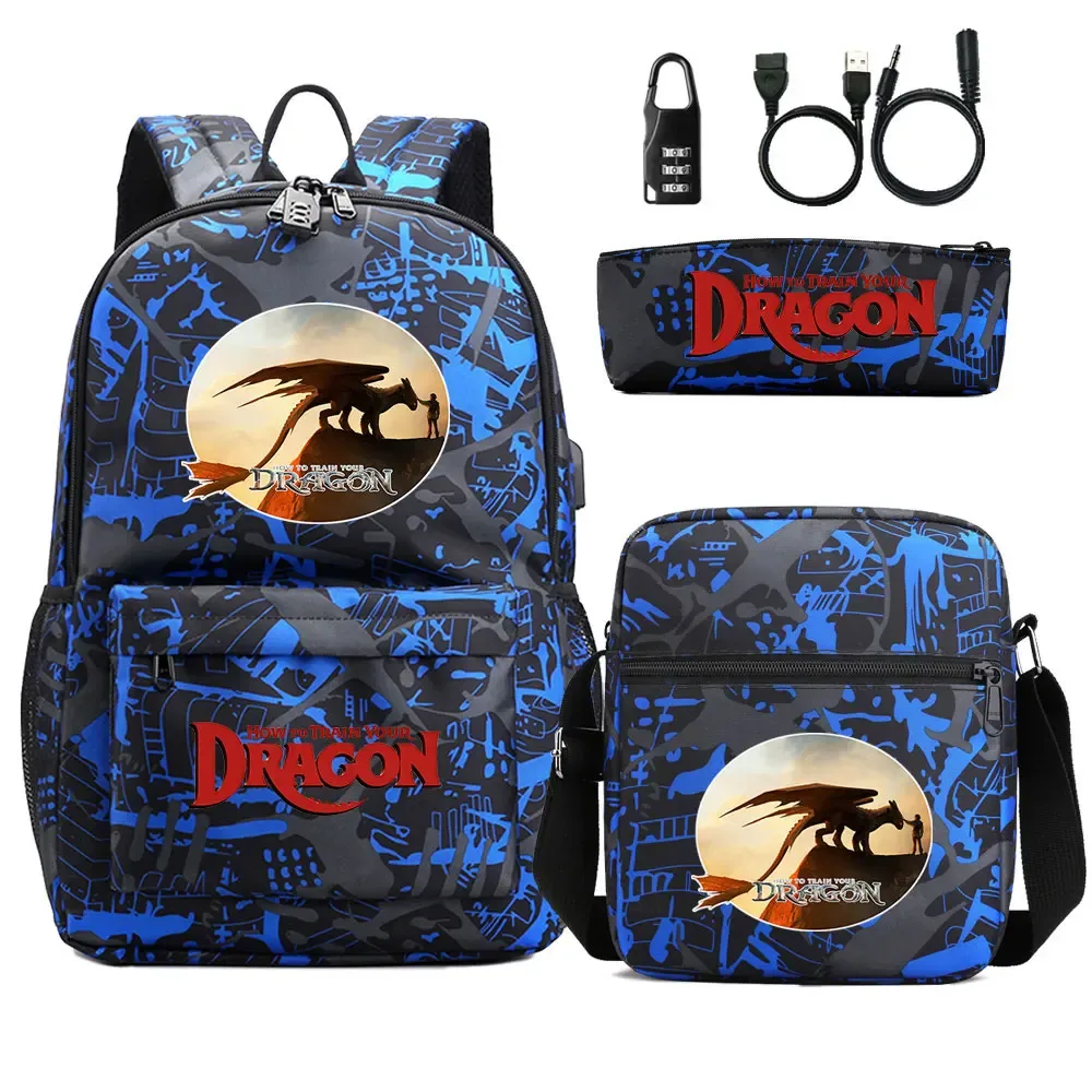 comment entraîner votre dragon 3 pièces usb antivol serrure garçon fille enfants retour à l'école livre sacs voyage sac à dos sac à bandoulière sacs à stylos