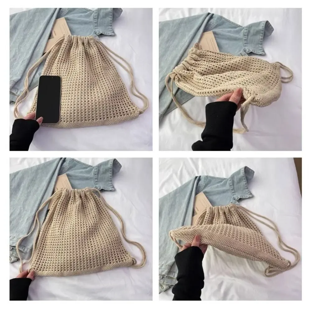 sac à bandoulière en tricot couleur unie grande capacité, sac à dos bohème ajouré au crochet, style décontracté polyvalent
