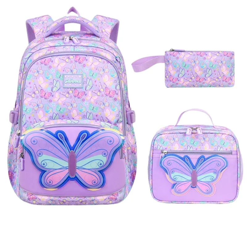 Sac à dos scolaire pour filles, 3 pièces/ensemble, avec sac à déjeuner et trousse à crayons, sac à dos mignon en forme de papillon, sac à dos pour élèves du primaire et du collège