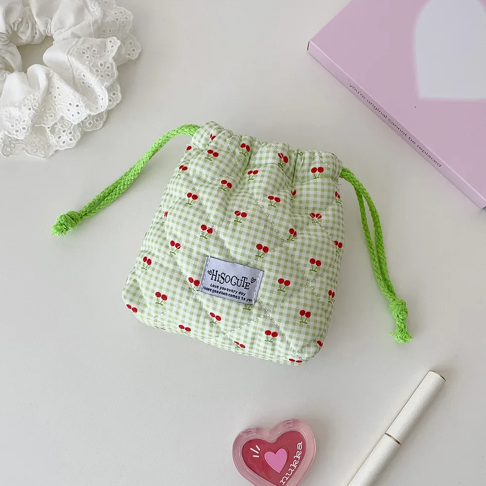 sac à cosmétiques pour femmes, sac de maquillage japonais à carreaux cerise, sac de maquillage kawaii avec cordon de serrage, sac de rangement compact et portable de voyage pour filles