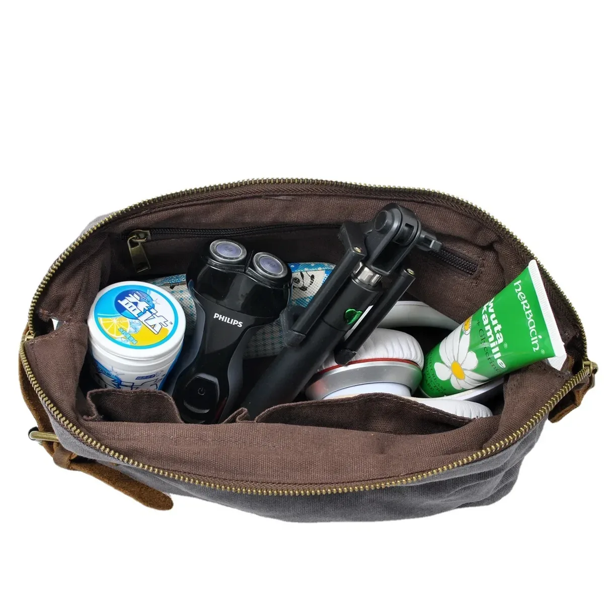 trousse de toilette en toile et cuir pour homme, trousse de toilette résistante à l'eau, pour le voyage, grande capacité, fonctionnelle