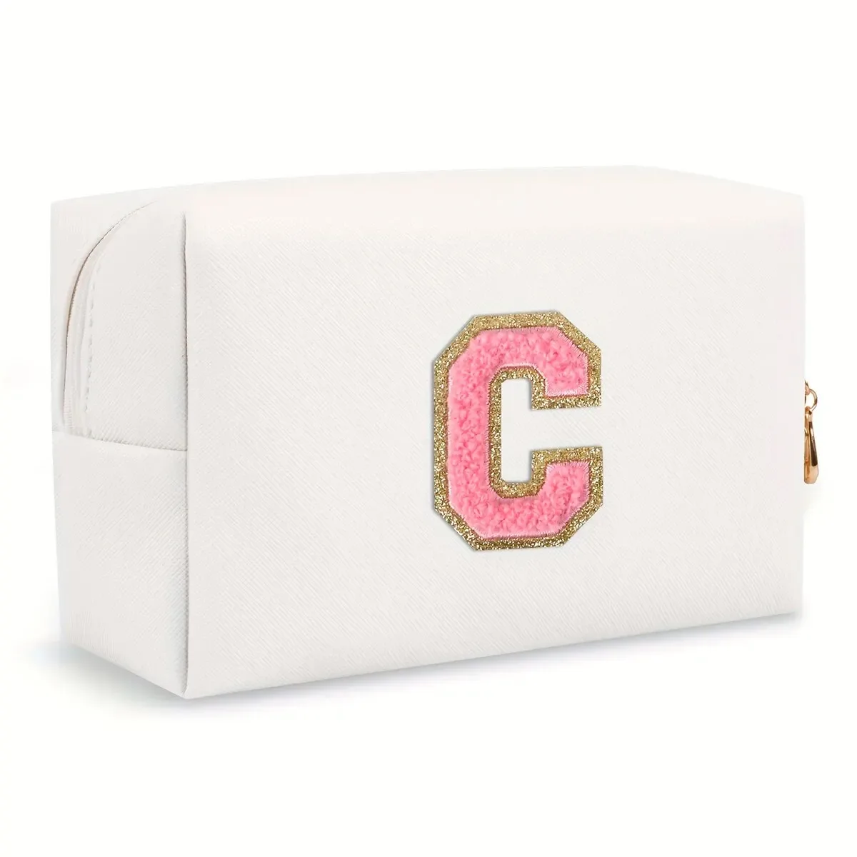 trousse de maquillage preppy pour femmes, trousse de toilette de voyage, sac à cosmétiques avec lettres en chenille, pochette étanche en cuir pu, joli organisateur à fermeture éclair-ll