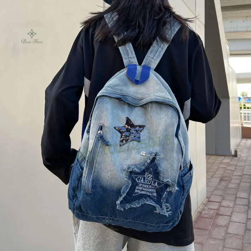 sac à dos en denim décontracté coréen pour adolescents, cartable étudiant, motif étoile, grande capacité, vintage, punk, sac de livre de voyage, mode, y2k