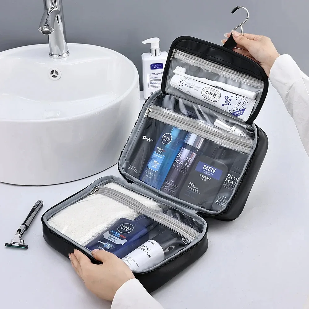 sac de rangement portable en cuir pu pour hommes et femmes, sac de rangement d'affaires à fermeture éclair, organisateur de produits de toilette, sac à cosmétiques de voyage, pochette de lavage étanche suspendue