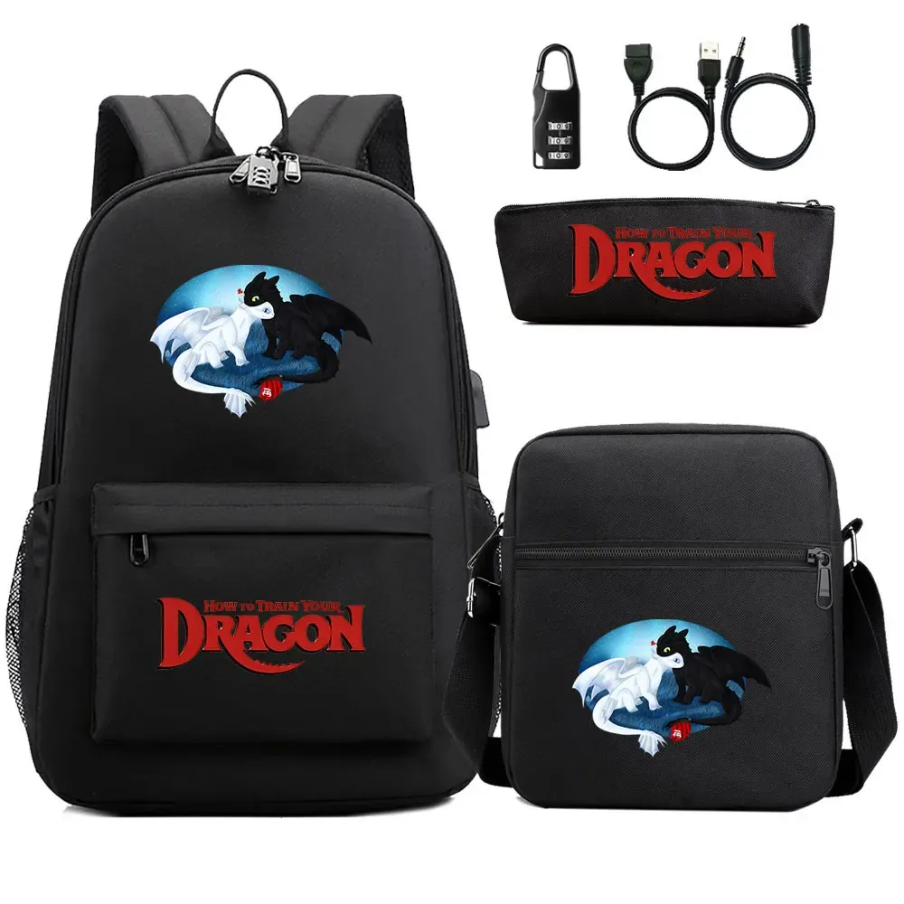 comment entraîner votre dragon 3 pièces usb antivol serrure garçon fille enfants retour à l'école livre sacs voyage sac à dos sac à bandoulière sacs à stylos