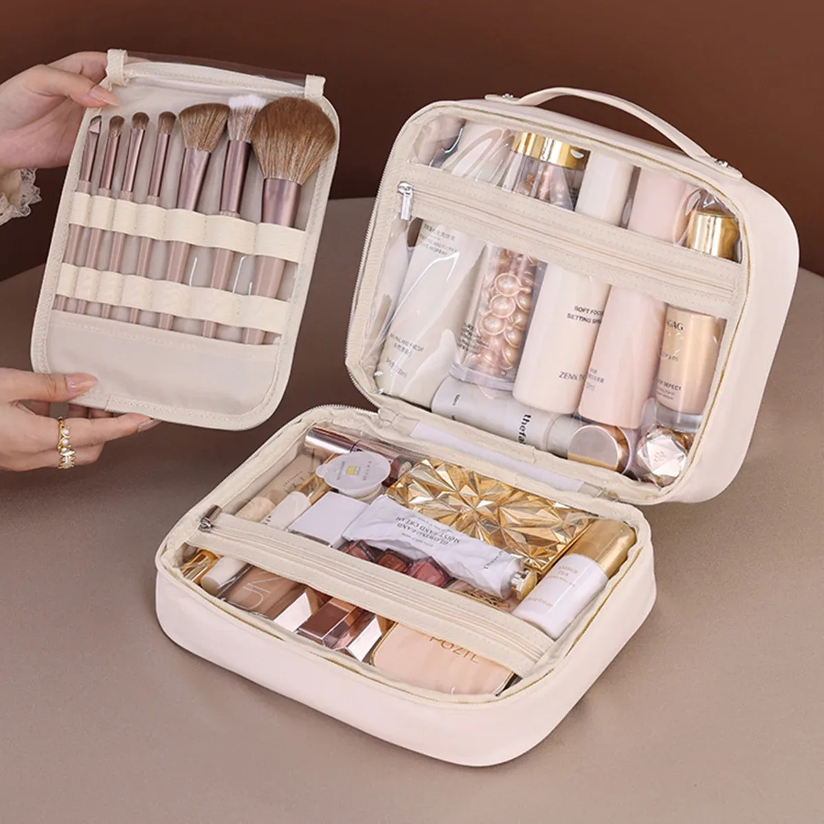 sac de maquillage trois en un pour femmes, sac de rangement portable en cuir pu, sac de voyage pour pinceaux cosmétiques et articles de toilette