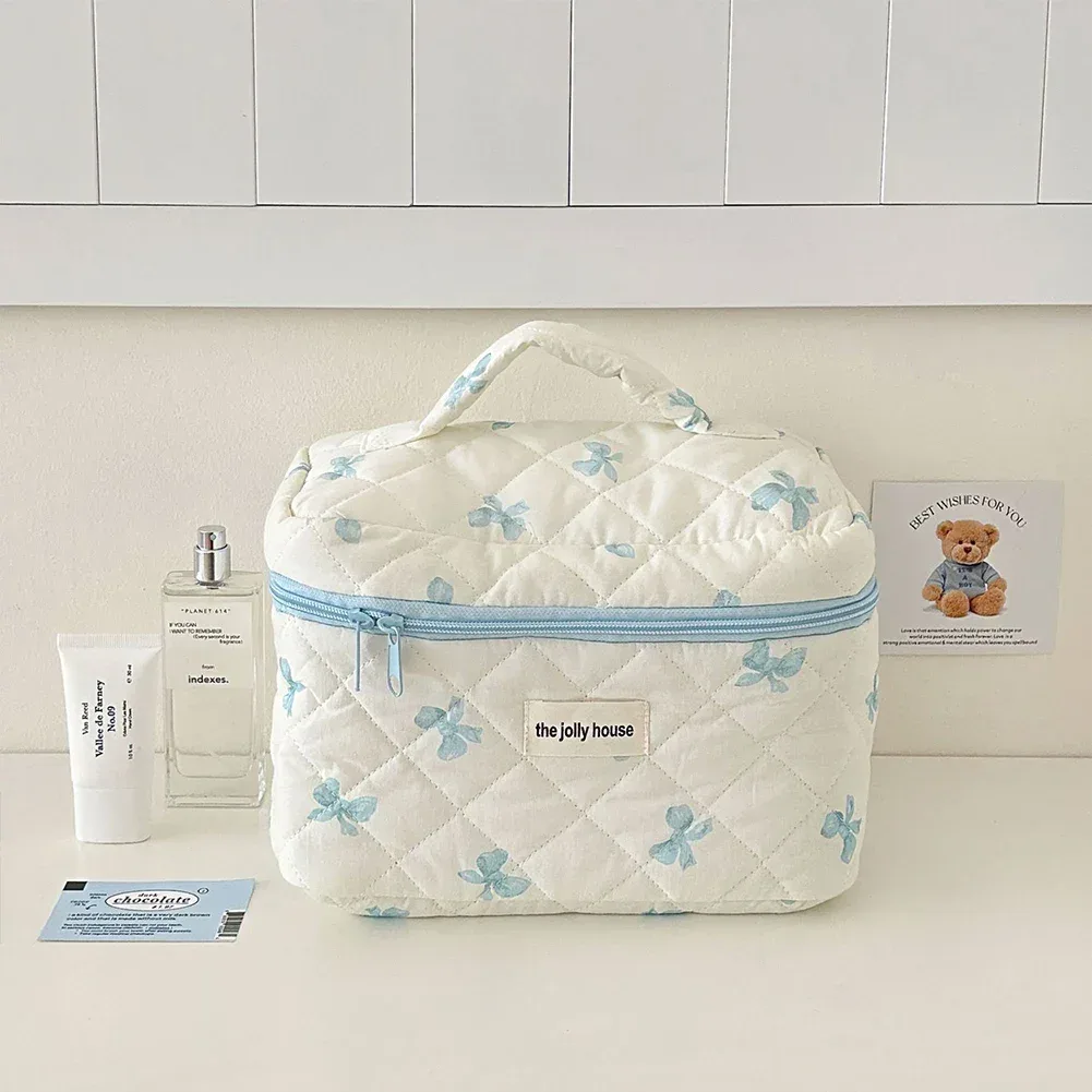 trousse de maquillage en coton matelassé pour femmes, trousse de toilette portable pour filles, trousse de maquillage à fermeture éclair, trousse de toilette à nœud mignon, sac à main pour gril à fleurs