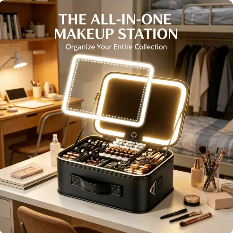 Sac de maquillage LED portable avec miroir, grande taille, trousse de toilette de voyage, organiseur de beauté multifonctionnel pour femmes