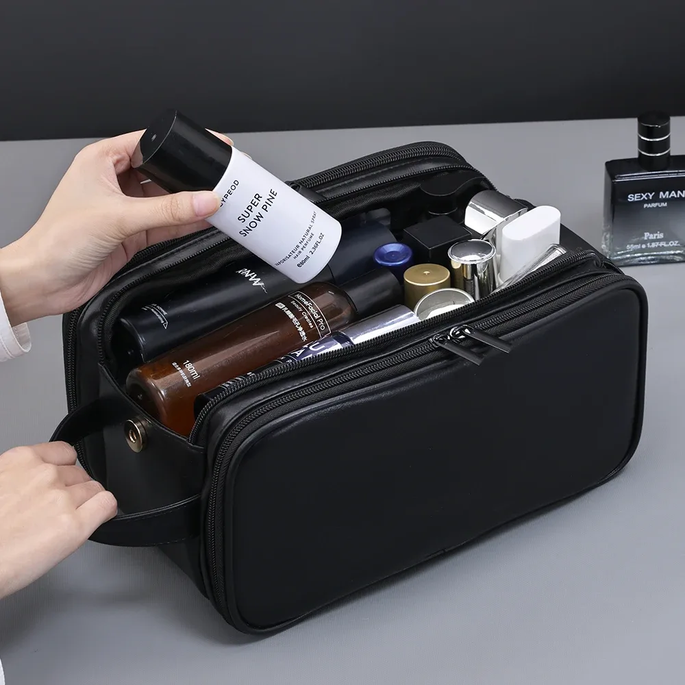 trousse de toilette multi-poches en pu pour femmes et hommes, trousse de maquillage essentielle de voyage, sac suspendu étanche, sac organisateur de lavage de cosmétiques