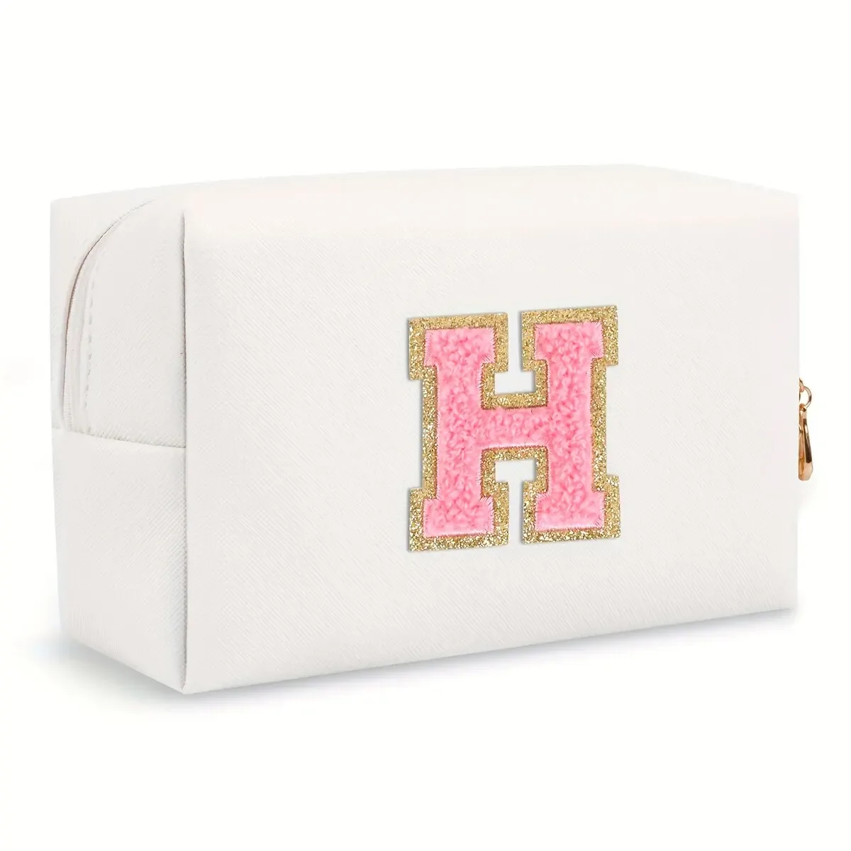 trousse de maquillage preppy pour femmes, trousse de toilette de voyage, sac à cosmétiques avec lettres en chenille, pochette étanche en cuir pu, joli organisateur à fermeture éclair-ll