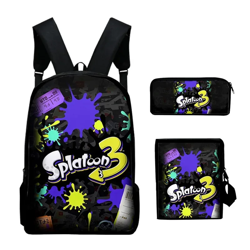 splatoon-sac à dos pour ordinateur portable, sac à bandoulière incliné, trousse à crayons, sac à dos pour 3 élèves, jeu de mode créatif, ensemble de 3 pièces