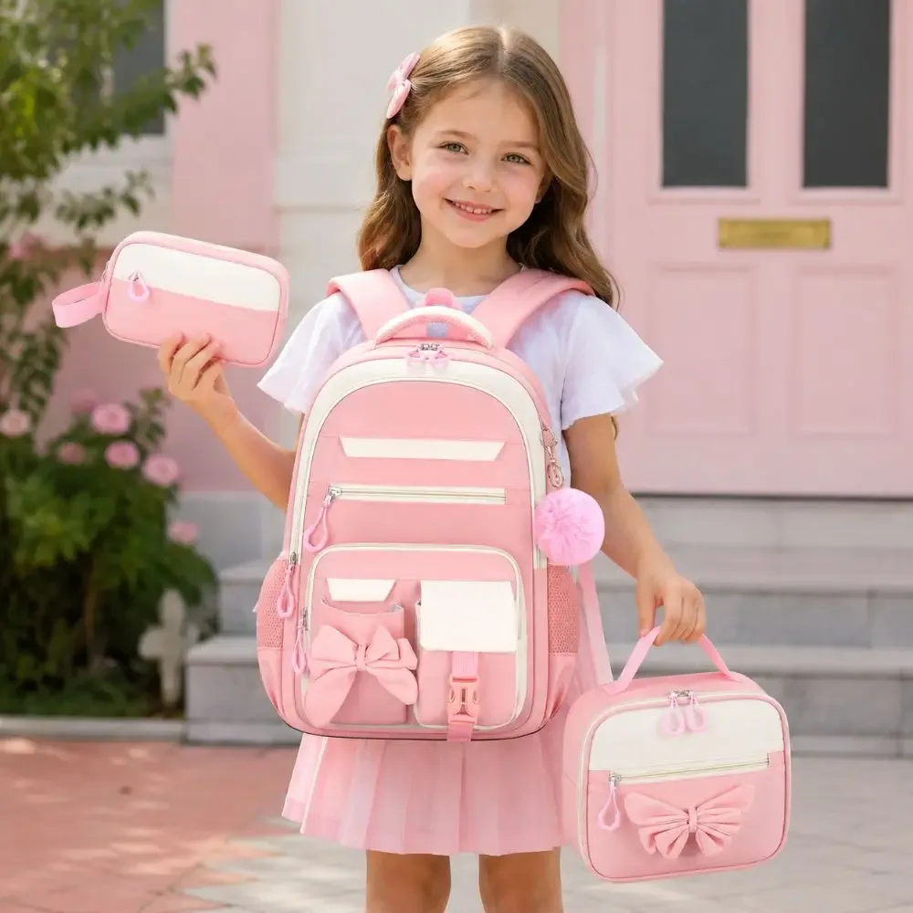 ensemble de 3 sacs à dos de dessin animé, sac à lunch, trousse à crayons, grande capacité, tissu oxford, nœud papillon, ensemble de sacs d'école, imperméable, léger