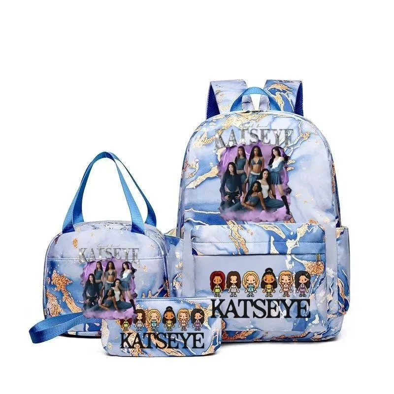sacs à dos katseye à imprimé amusant avec sacs à lunch, multi-poches, camouflage, pour adolescents, sac à dos de voyage pour ordinateur portable, sac d'école pour femmes, mochila