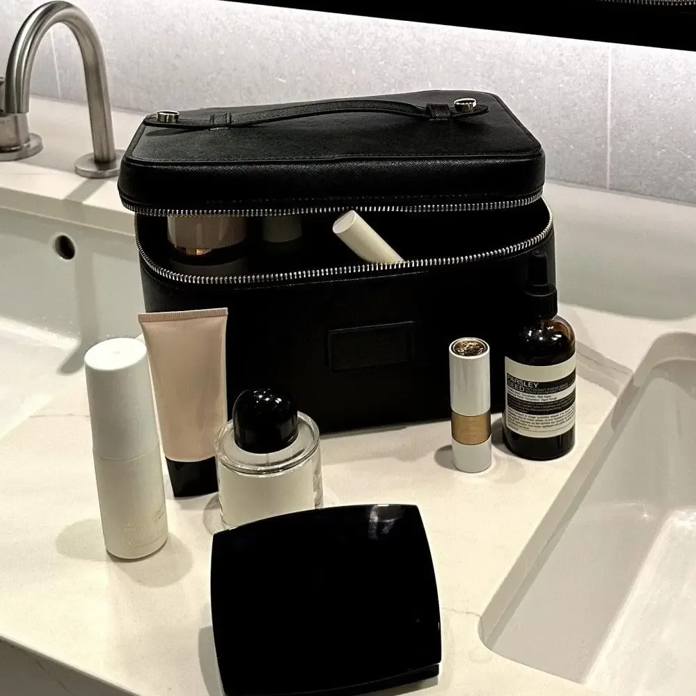 sac de maquillage en cuir pu, grande capacité, trousse de toilette étanche, forme carrée, séparateur amovible, sac de rangement pour appareil photo pour femmes et hommes
