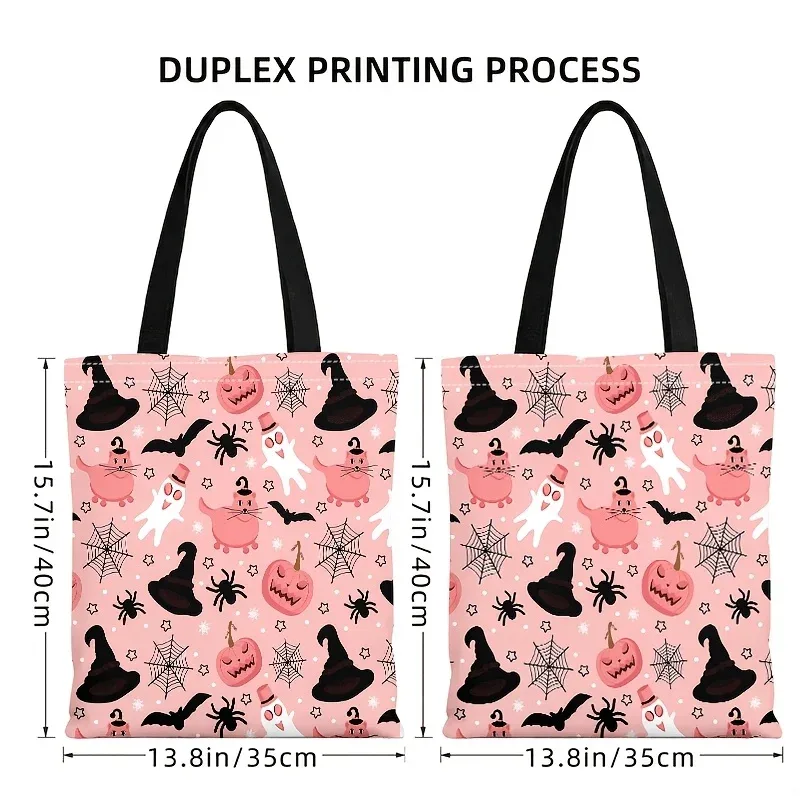 Sac fourre-tout en toile rose pour Halloween, imprimé fantôme mignon, citrouille, chapeau de sorcière, chauve-souris, araignée, sac à main réutilisable pour femmes.