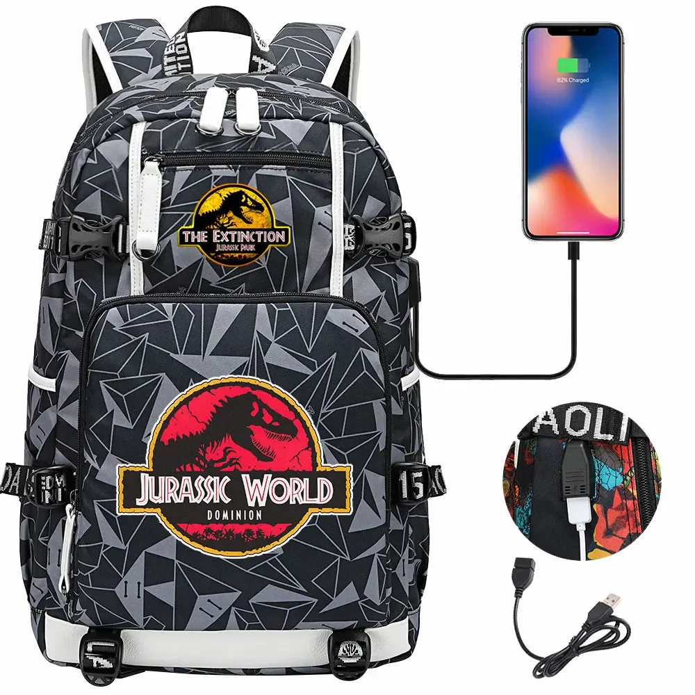 jurassic park world dinosaure sac à dos usb grande capacité étudiant mochila femmes hommes ordinateur portable garçon fille enfants retour à l'école livre sacs