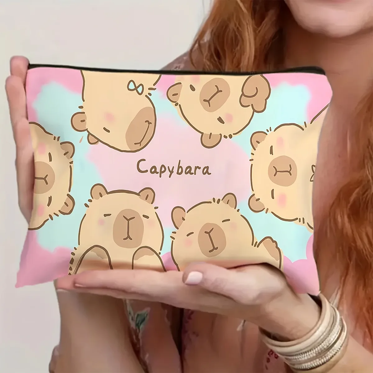 sac de maquillage imprimé capybara mignon, pochette légère à fermeture éclair double face, trousse de maquillage pour femmes, voyage, camping