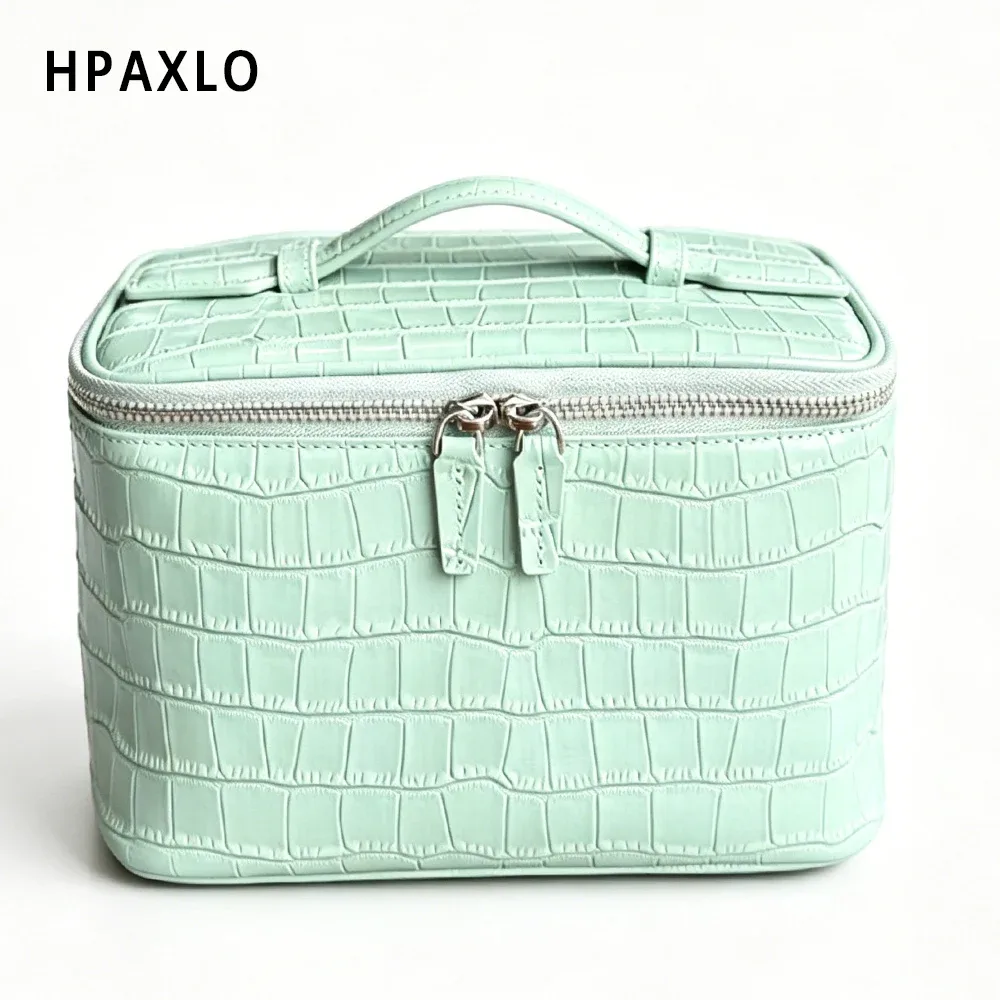 pochette de maquillage en cuir véritable texture crocodile, trousse de toilette de voyage, organiseur de rangement de grande capacité de qualité supérieure pour femmes