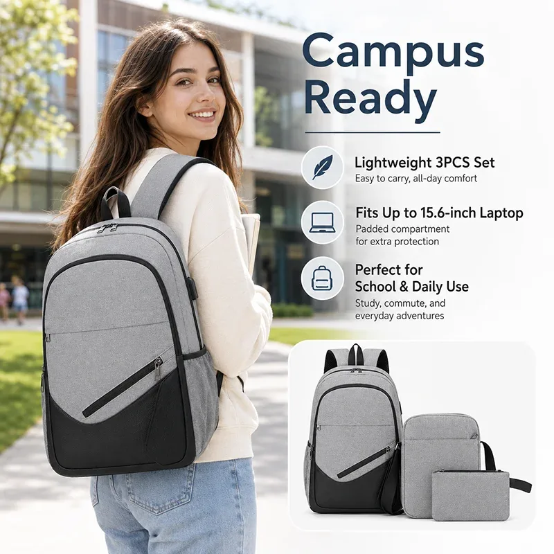 sac à dos léger en nylon pour ordinateur portable, 3 pièces, résistant à l'eau, chargeur usb, unisexe, grande capacité, sac à bandoulière pour l'école et les voyages