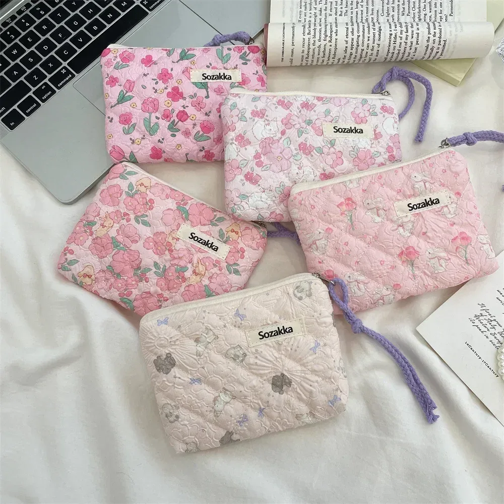 sac de maquillage imprimé en toile pour femmes, mignon, portable, style coréen, petits sacs à cosmétiques, étui de rangement de voyage, trousse de toilette