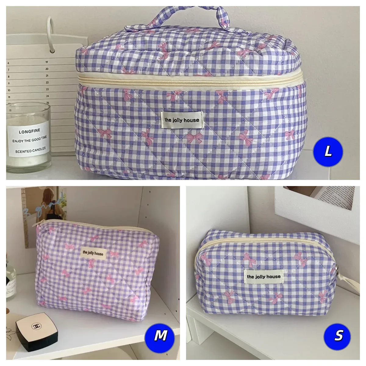 sac de rangement matelassé grande capacité yt pour étudiants, sac à main souple portable, trousse de toilette, trousse à cosmétiques à carreaux avec nœud