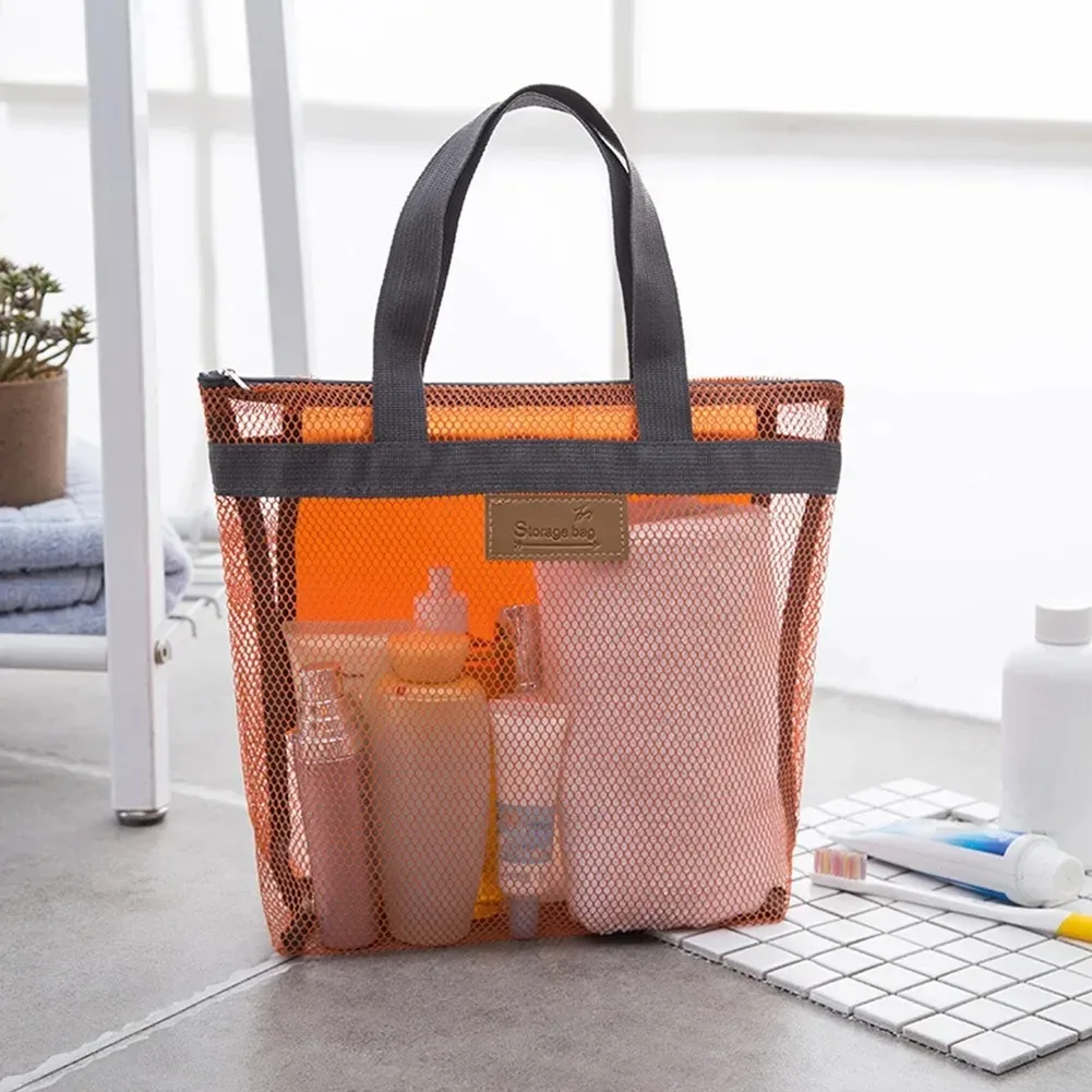 grande trousse de toilette portable en maille avec poignées durables et fermeture éclair pour voyage, plage, natation et rangement