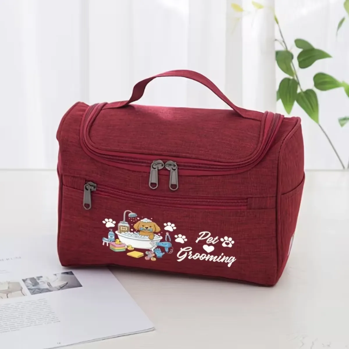 sac de voyage pour toilettage des animaux, organisateur d'accessoires pour animaux de compagnie avec motif de bain de chien mignon, pochette suspendue portable pour accessoires de toilettage