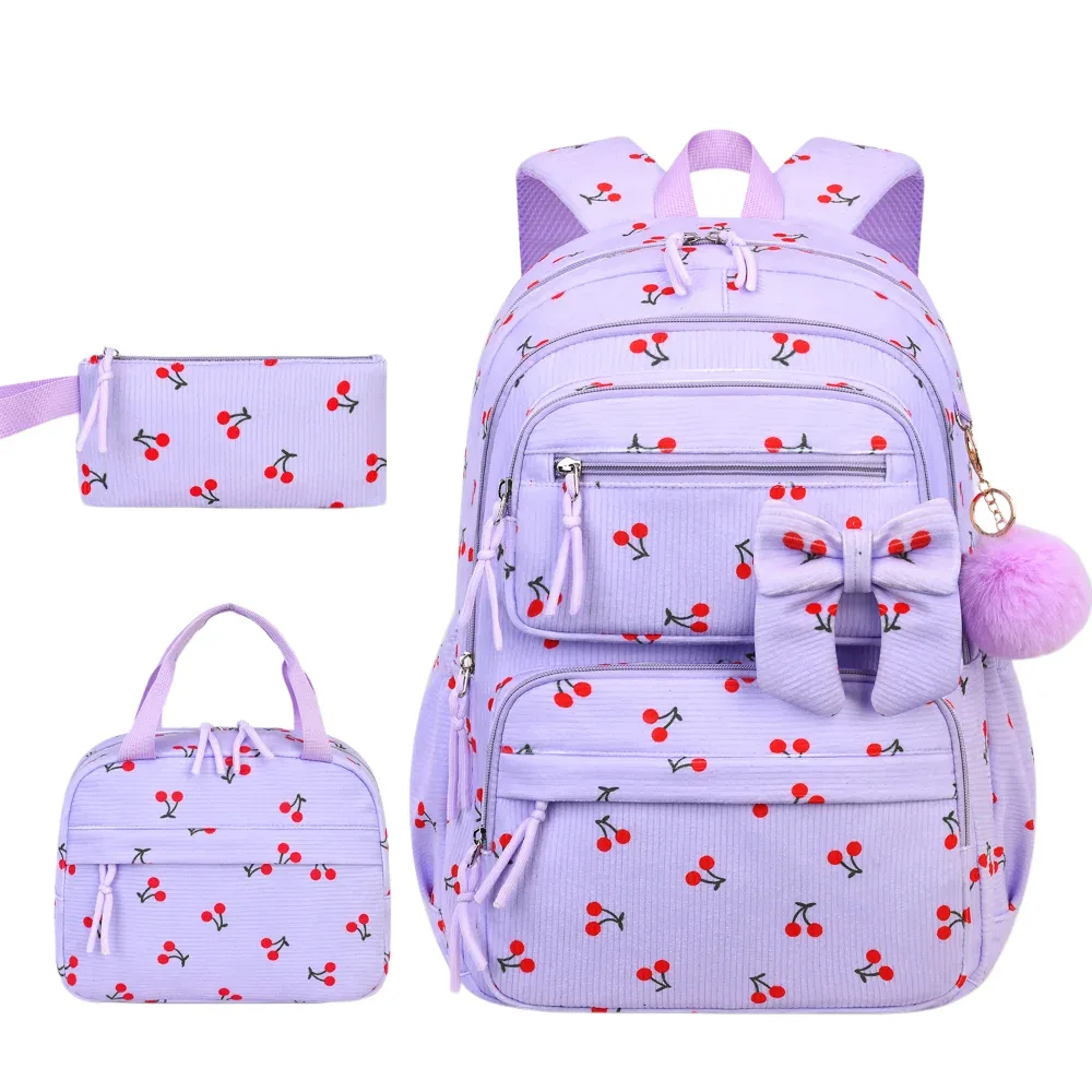 ensemble de 3 sacs à dos, sac à lunch et trousse à crayons à motif de dessin animé, grande capacité, 4 couleurs, ensemble de sacs d'école avec nœud papillon, en tissu de velours côtelé, léger