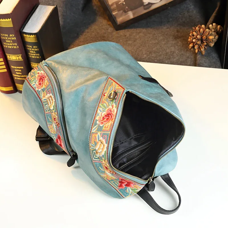 sac à dos rétro en cuir véritable pour femmes, design brodé, pour voyage, anti-vol, tendance