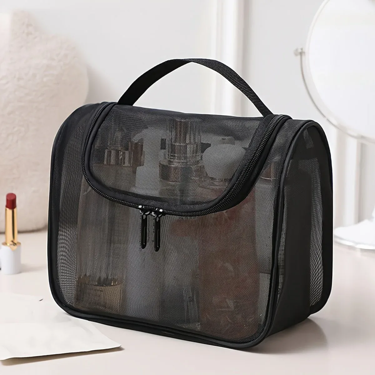sac de toilette grande capacité pour femmes, multifonctionnel, portable, en nylon courbé, organiseur de maquillage en maille