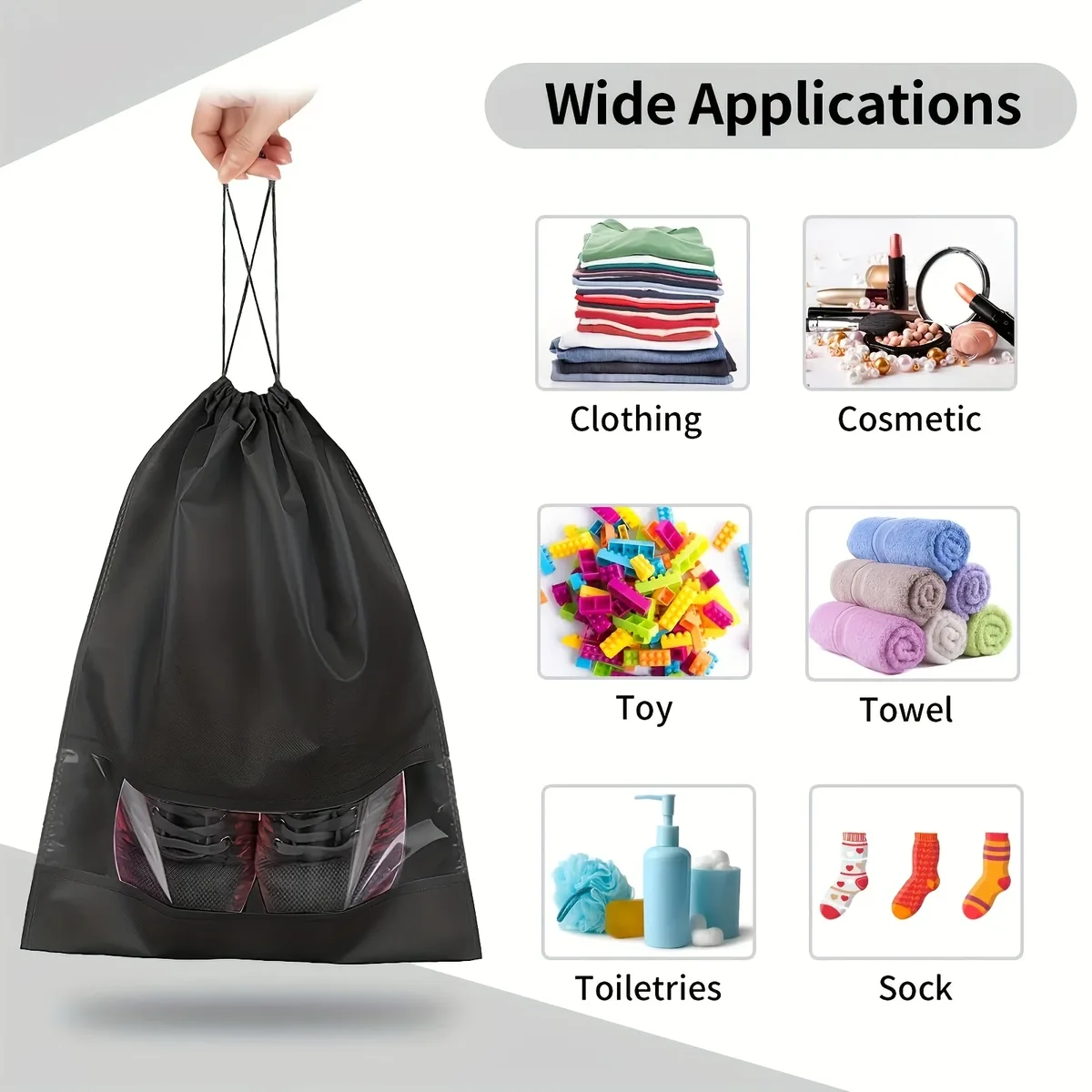 12 sacs de rangement pliables non tissés pour chaussures, grands sacs noirs à cordon, réutilisables, unisexes, pour l'organisation de voyage et l'emballage des chaussures