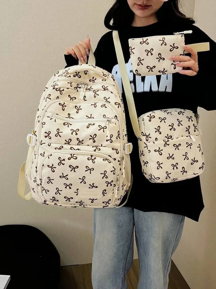 ensemble de 3 sacs à dos mignons avec nœuds, grand sac à dos scolaire, sac à dos de voyage décontracté polyvalent, sac bandoulière pour filles