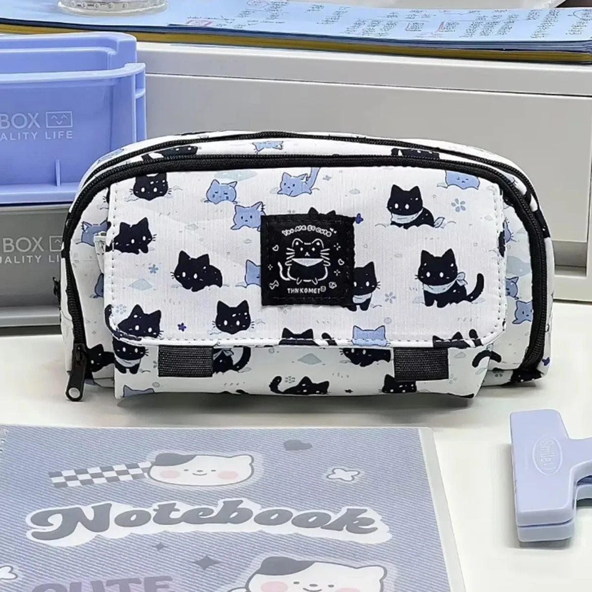 Nouvelle arrivée : Trousse à crayons chaton blanc neige, esthétique haut de gamme, double couche, multifonctionnelle, imprimée, pour étudiants du collège