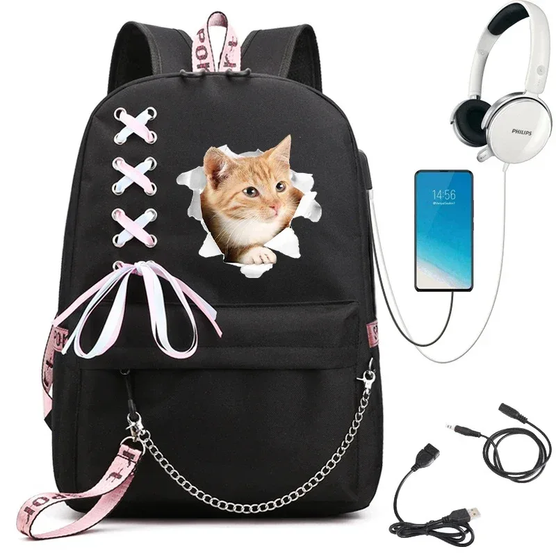 sac à dos imprimé chat kawaii pour femme, sac à dos scolaire noir, sac à dos pour adolescente, sac à dos mochila usb, mode