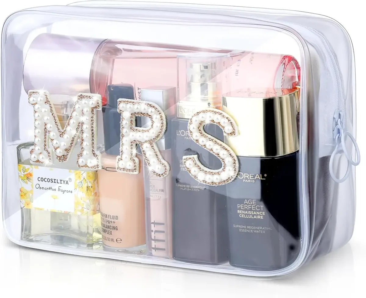 trousse de maquillage transparente pour la mariée, sac cosmétique de fiançailles, cadeaux de douche pour patients, patchs de lettres en biscuits scintillants, voyage en pvc étanche
