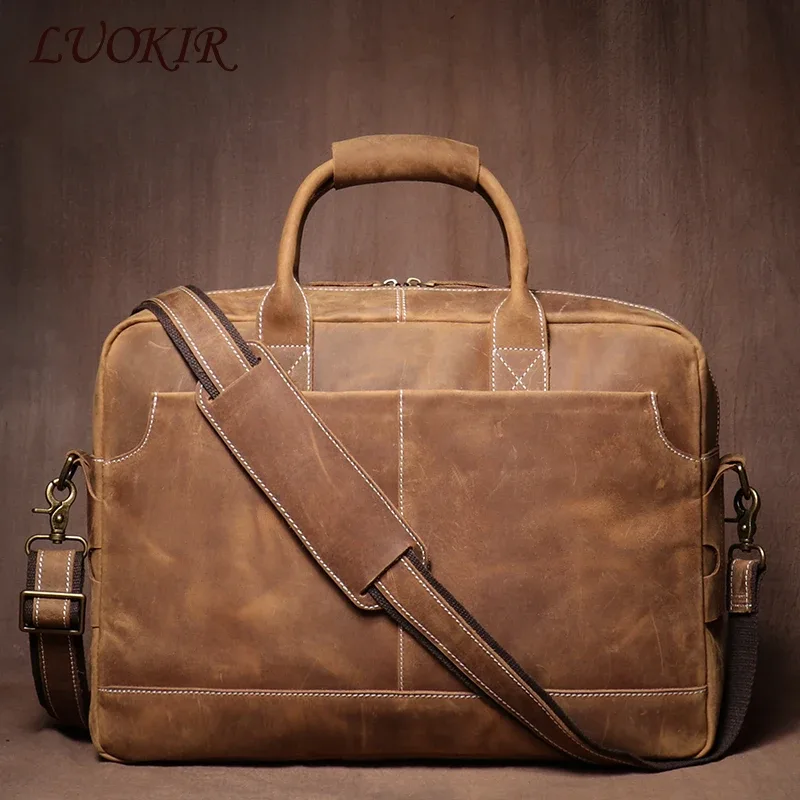 LUOKIR-Sac à main vintage en cuir de vachette pour homme, sac d'ordinateur pour ordinateur portable 16 pouces, étui avocat bombes, week-end et voyage d'affaires, elin Horse