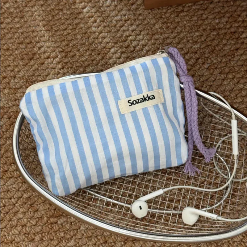 sac de maquillage rayé en toile, organisateur de rouge à lèvres, pochette à monnaie, porte-clés, sacs cosmétiques pour femmes