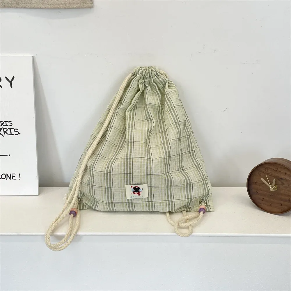 sac à dos d'été pour femmes, sac à dos à deux épaules avec cordon de serrage, sac à dos kawaii pour adolescentes, sac à dos coréen en toile ultra légère à carreaux
