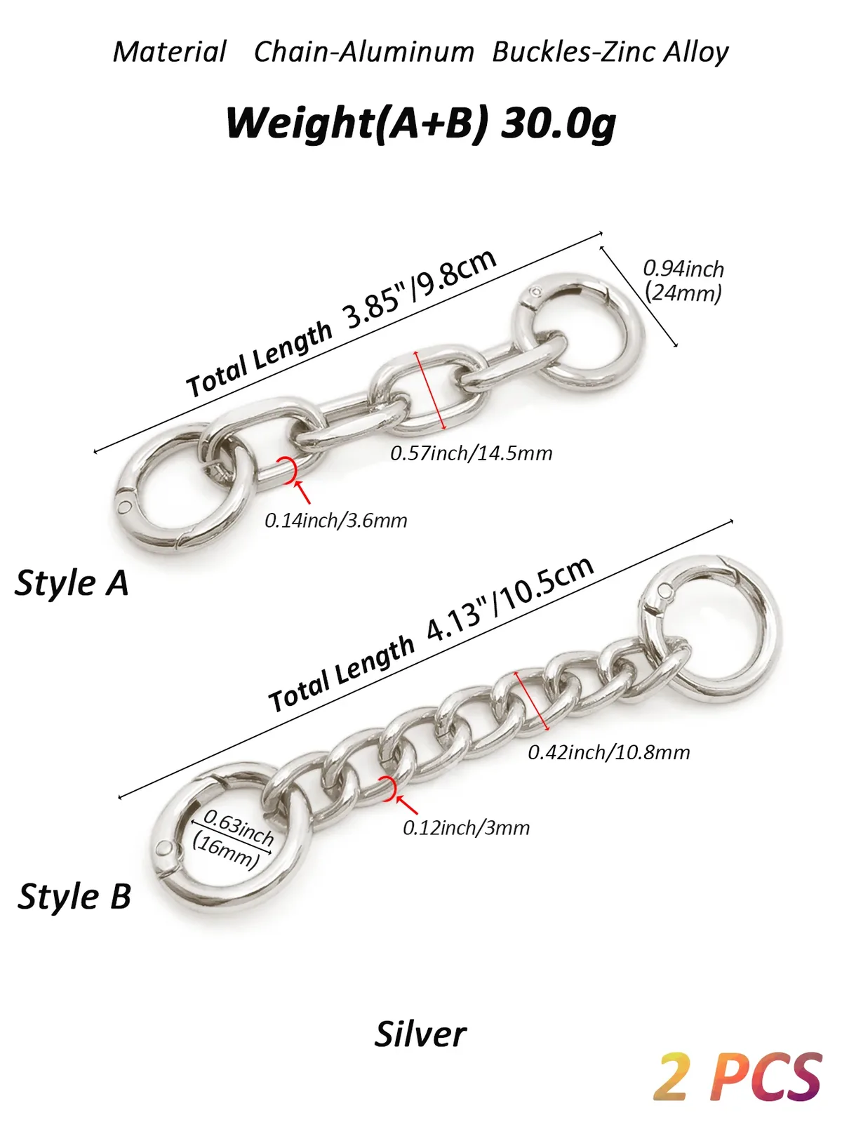 chaînes d'extension de sangle de sac en métal, 2 styles, avec anneaux à ressort pour sangles de sac à bandoulière