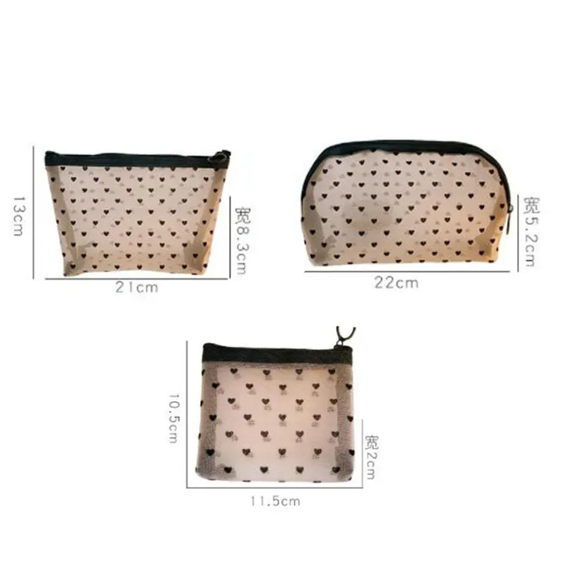 sacs de rangement en maille transparente en forme de cœur pour femmes, sac à cosmétiques nécessaire, organisateur de voyage, petits et grands sacs de toilette noirs, pochette de maquillage