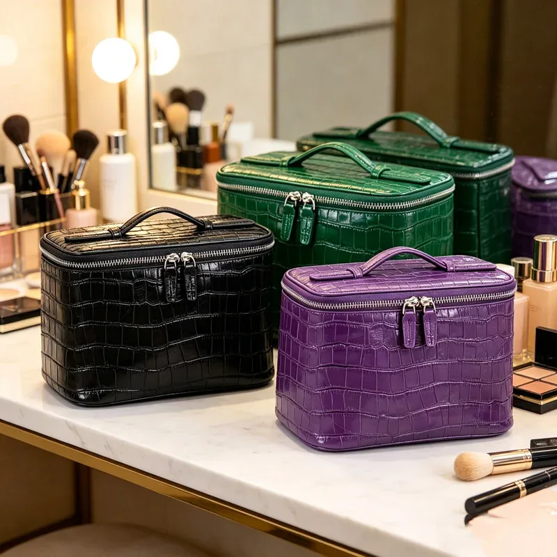 claregqi trousse de toilette femme en cuir gaufré crocodile grande capacité portable imperméable organisateur de maquillage de voyage