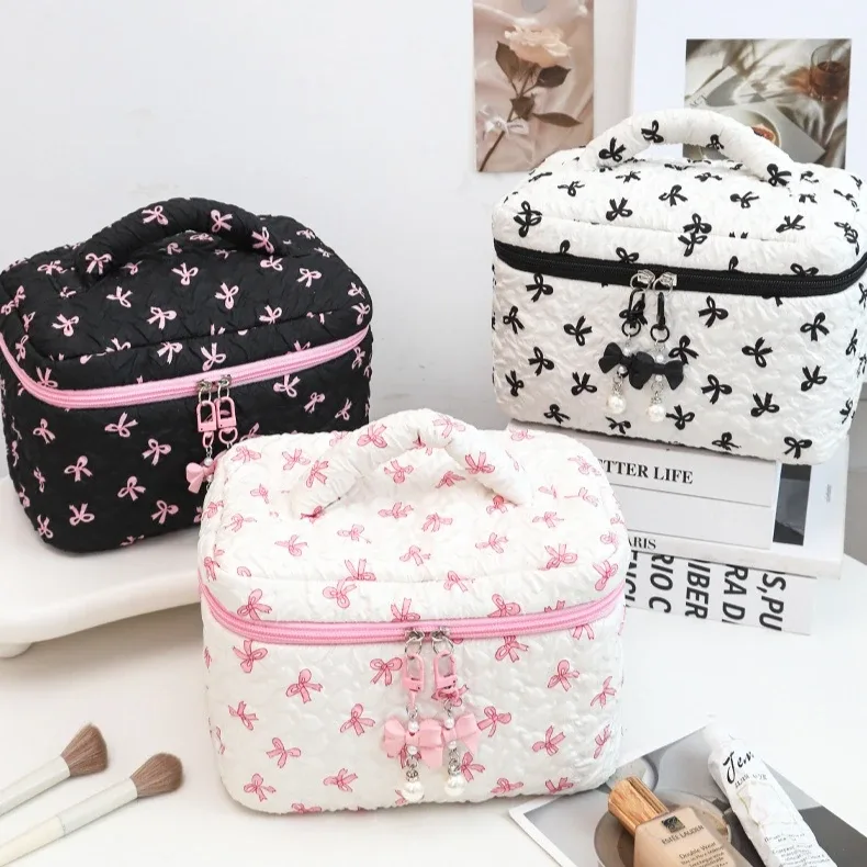 nouvelle trousse de maquillage élégante à nœud, grande capacité, pochette de maquillage à main, trousse de toilette portable pour femmes, organisateur de rangement pour rouges à lèvres